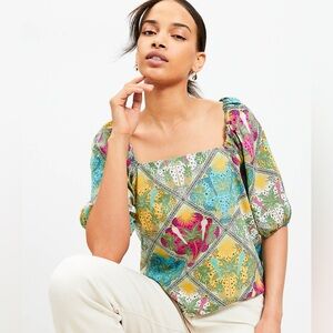 LOFT Palm Bubble Sleeve Square Neck Blouse Farm Rio Style NWT